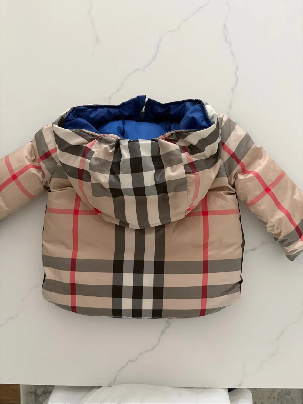 Burberry 9-12 mo Classic Baby Down Puffer Beige & black/blue Reversible Like New
